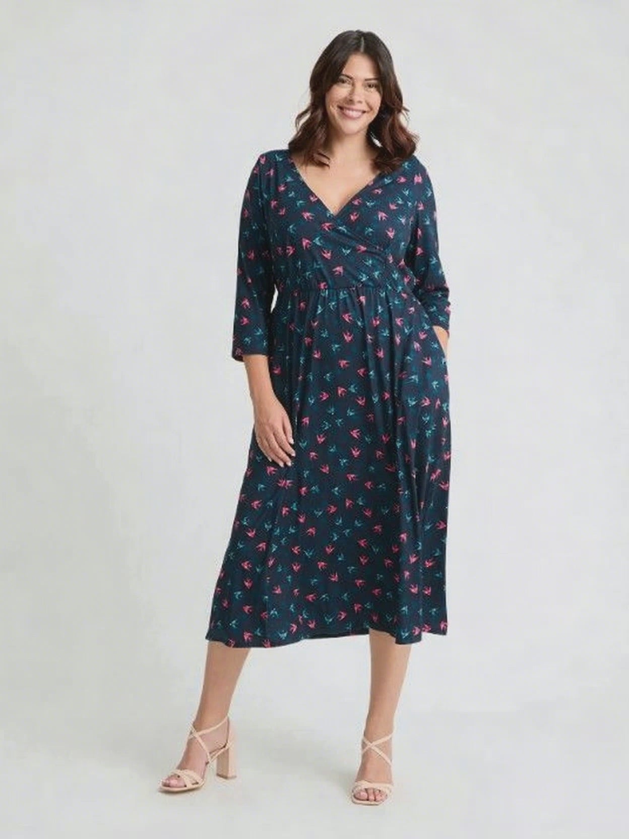 1940s Wrap Front Navy Red Teal Midi Dress