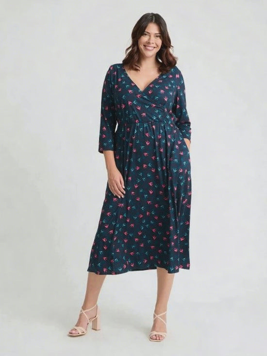 Load and play video in Gallery viewer, 1940s Wrap Front Navy Red Teal Midi Dress
