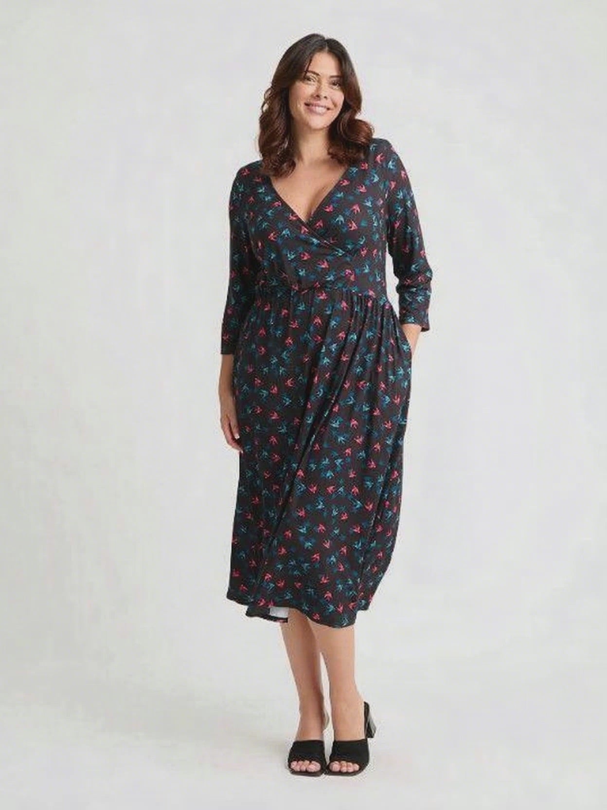 1940s Wrap Front Black Teal Red Midi Dress