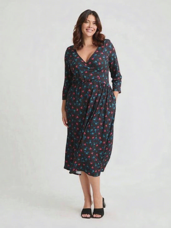 Load and play video in Gallery viewer, 1940s Wrap Front Black Teal Red Midi Dress
