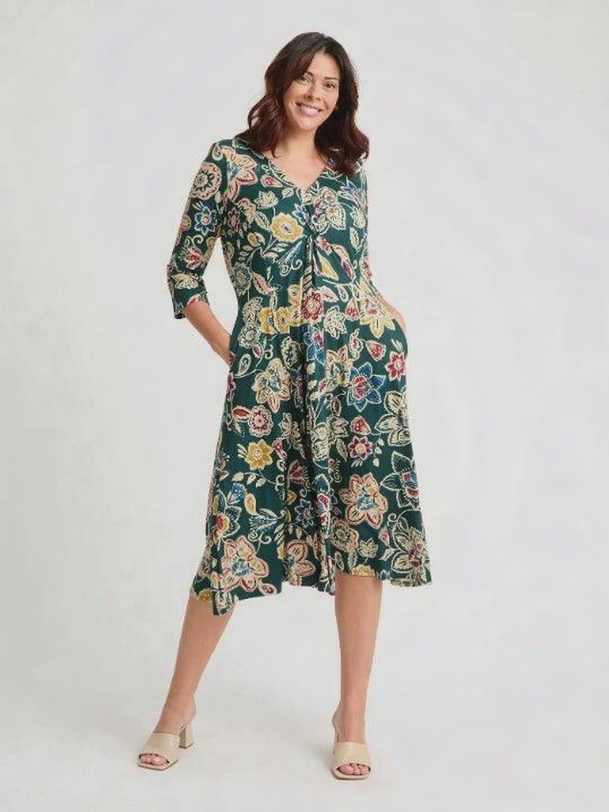 Load and play video in Gallery viewer, Claudia Green Cream Yellow Jersey Knot Front Dress
