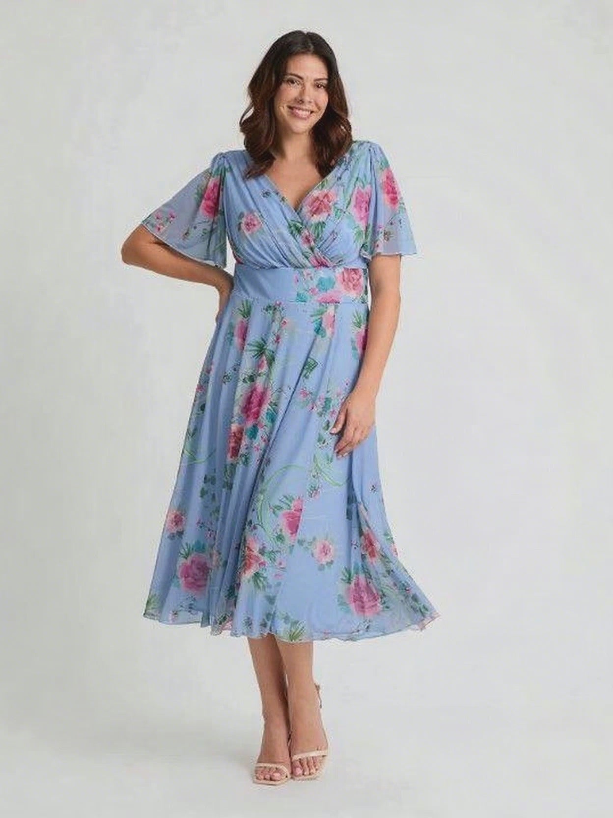 Victoria Blue Pink Angel Sleeve Mesh Long Midi Dress