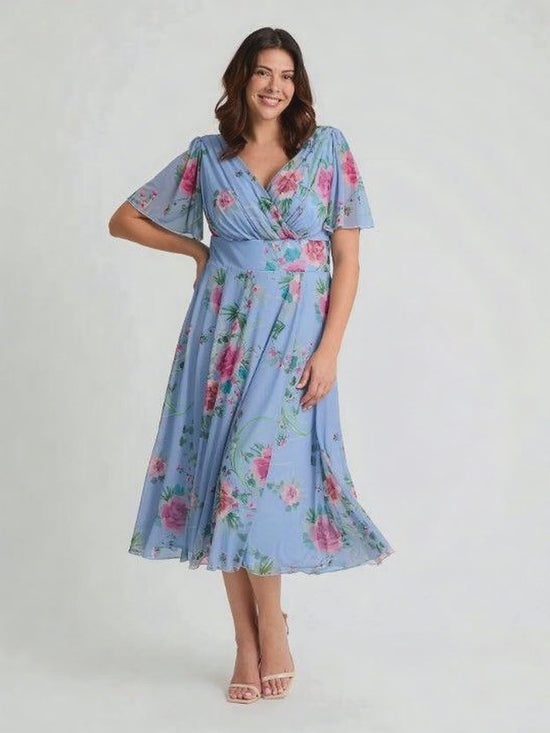 Load and play video in Gallery viewer, Victoria Blue Pink Angel Sleeve Mesh Long Midi Dress
