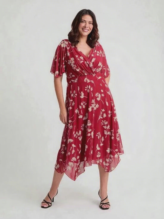 Load and play video in Gallery viewer, Julie Red Cream Hanky Hem Dress
