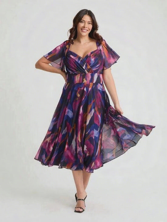 Load and play video in Gallery viewer, Liz Blue Multi Bolero Wrap Bodice Midi Dress
