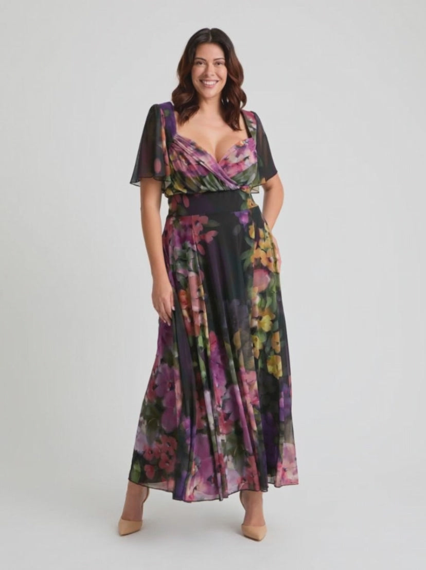 Load and play video in Gallery viewer, Kemi Black Purple Print Bolero Wrap Bodice Maxi Gown
