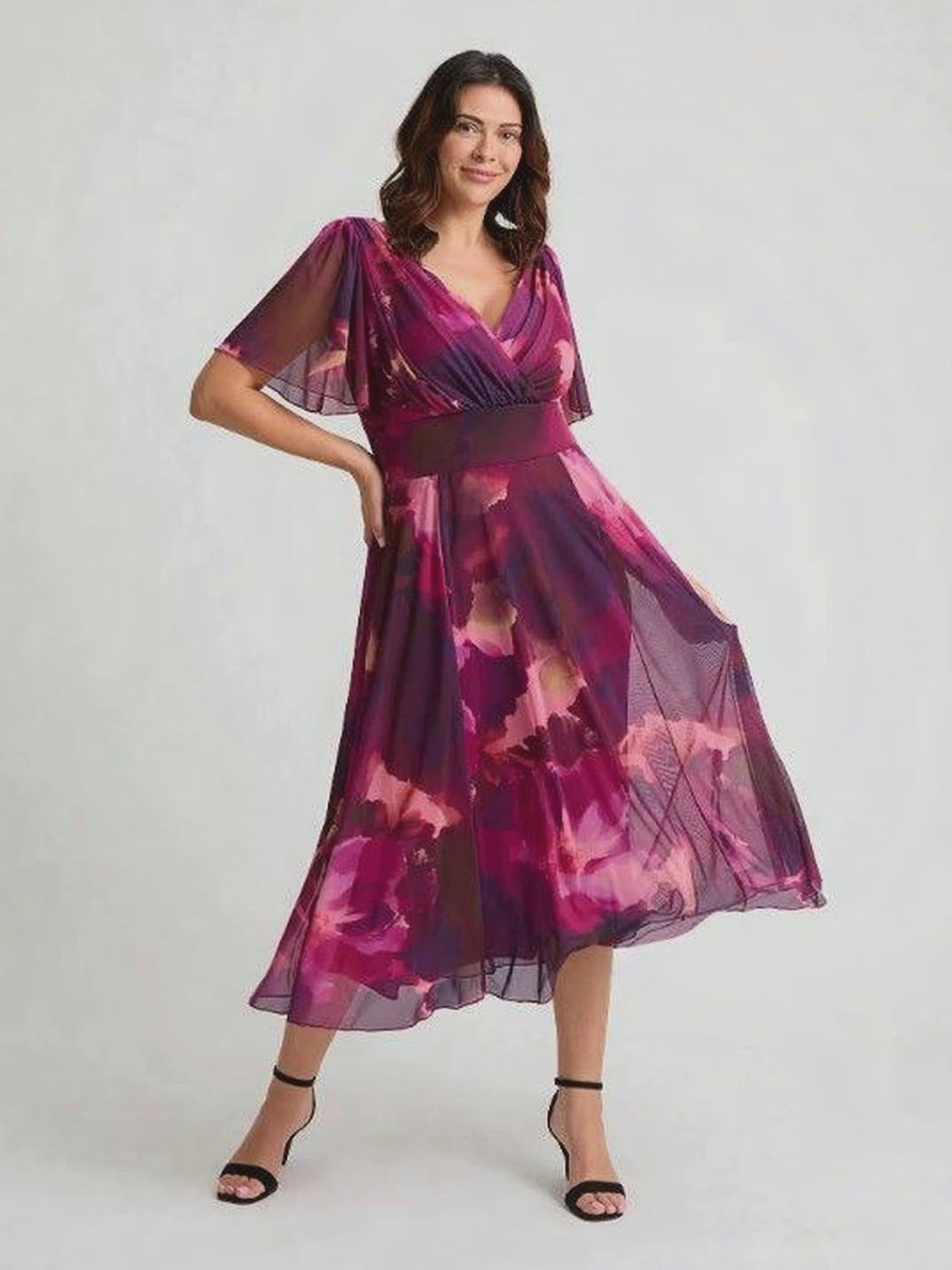Victoria Wine Pink Angel Sleeve Mesh Long Midi Dress