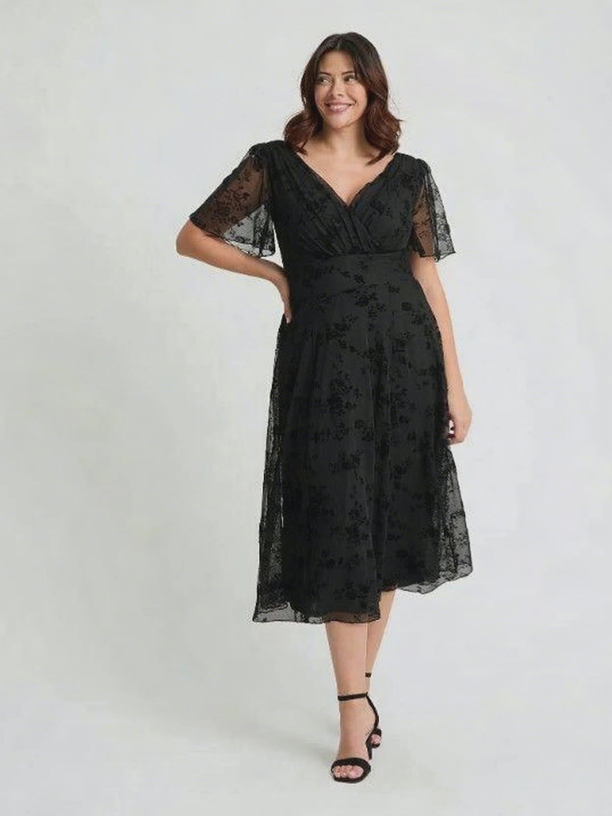 Victoria Black Flower Velvet Flock Angel Sleeve Mesh Long Midi Dress