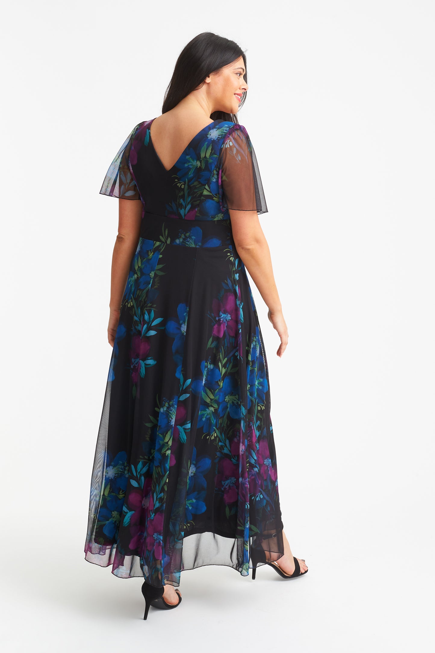 Isabelle Black Purple Teal Float Sleeve Maxi Dress