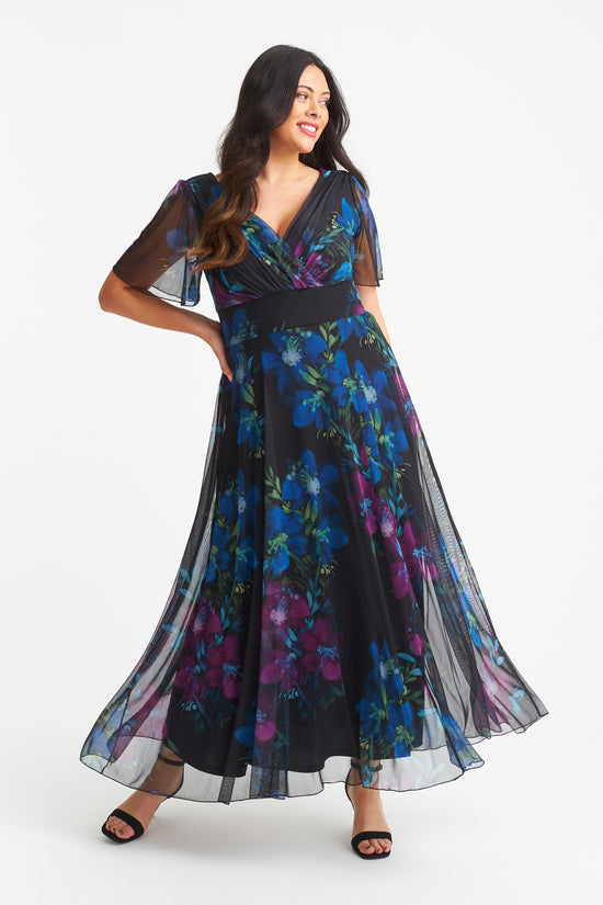 Isabelle Black Purple Teal Float Sleeve Maxi Dress