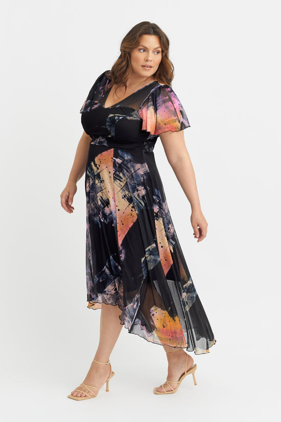 Tilly Abstract Print Angel Sleeve Sweetheart Dress