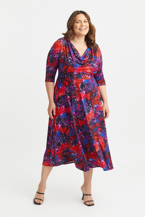 Load image into Gallery viewer, Red Blue Pink Cowl Neck &amp;#39;1940s&amp;#39; Dress
