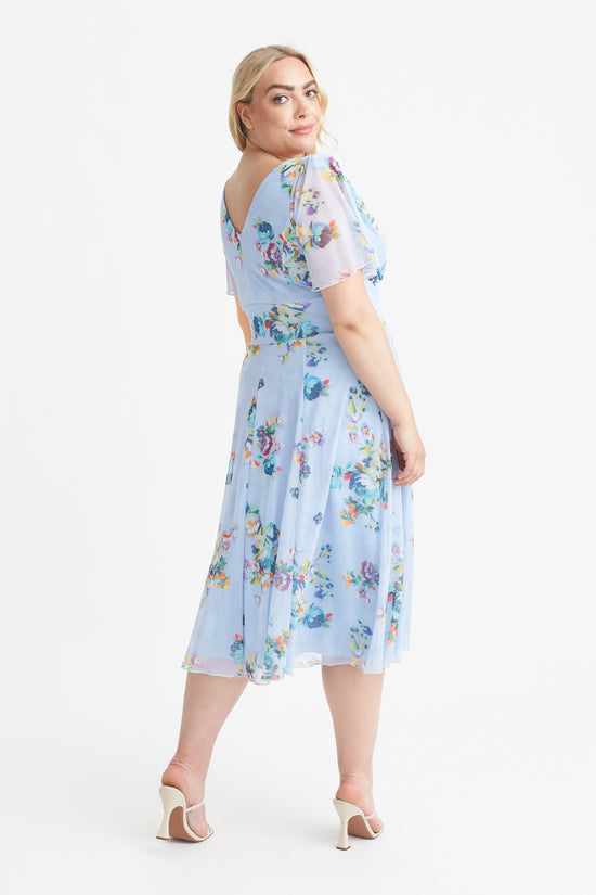 Victoria Light Blue Angel Sleeve Mesh Midi Dress