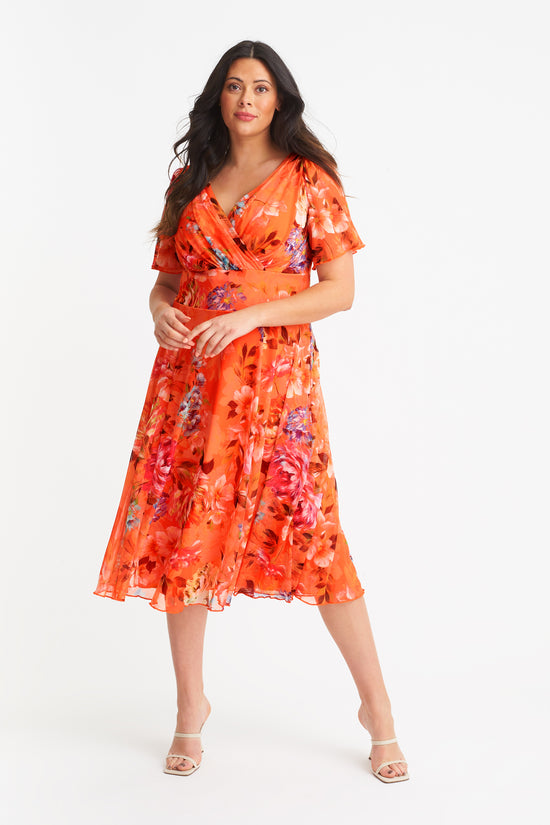 Load image into Gallery viewer, Victoria Orange Print Angel Sleeve Mesh Midi Dress

