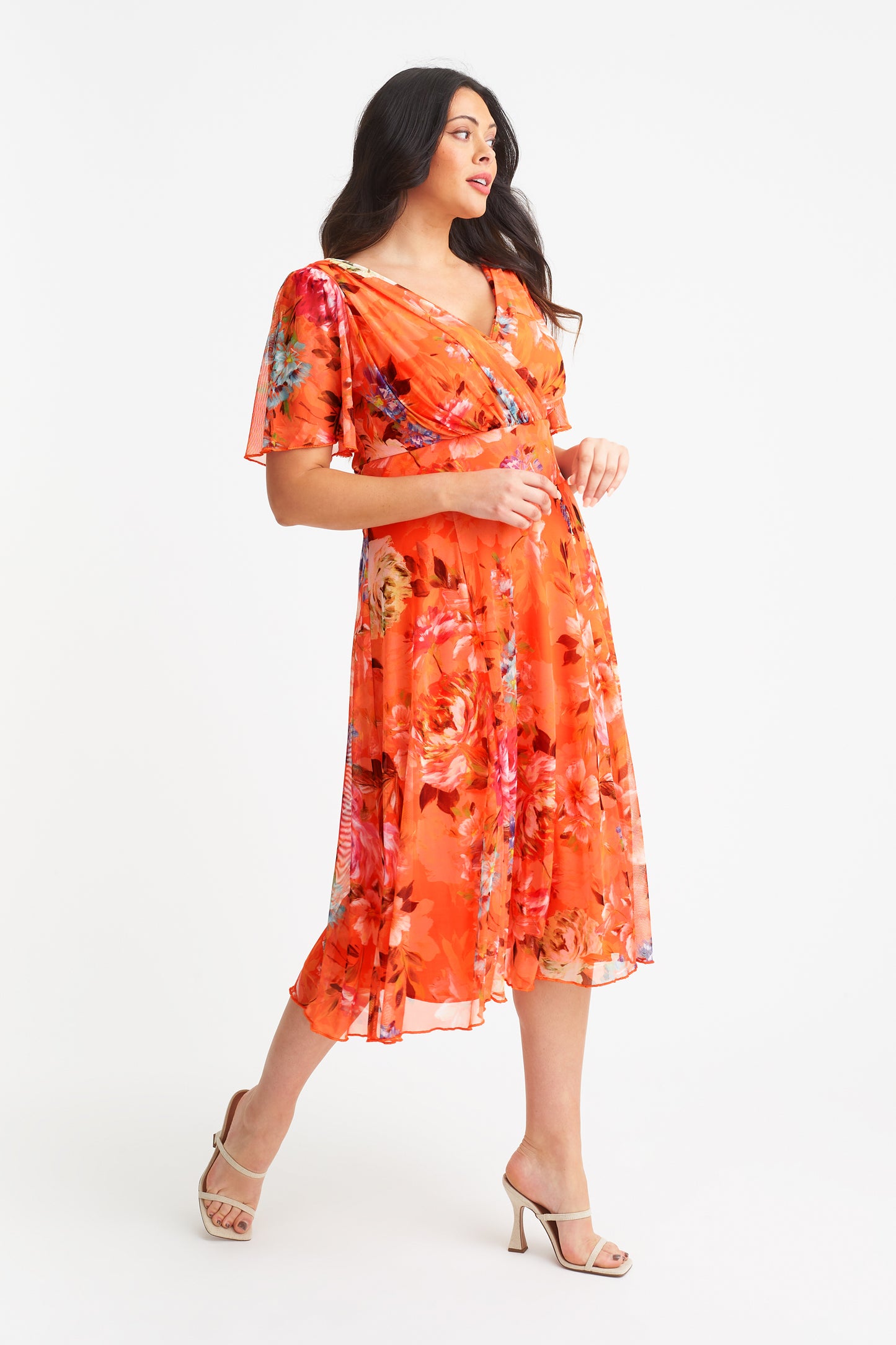 angel print mesh dress Victoria Orange Print Angel Sleeve Mesh Midi Dress – Scarlett & Jo