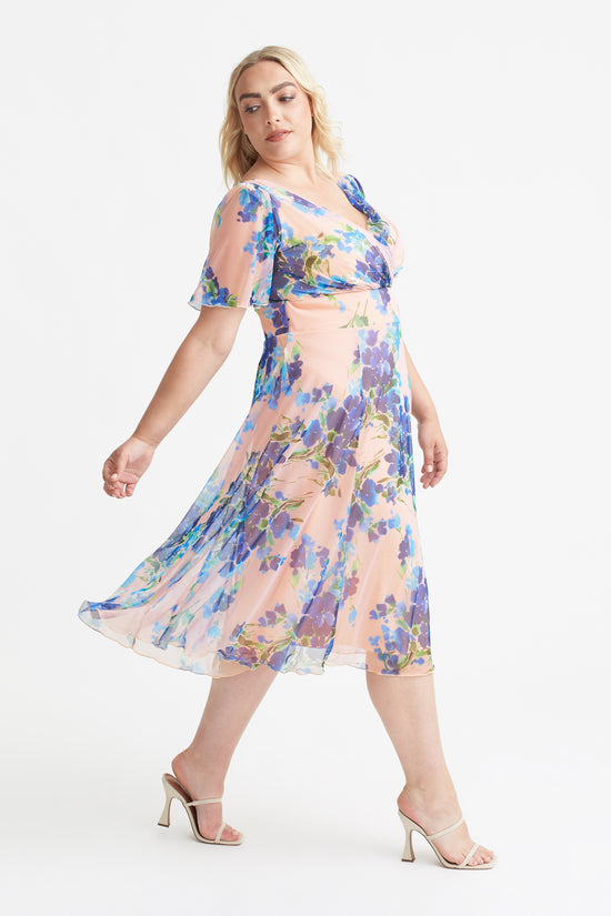 Load image into Gallery viewer, Victoria Peach Floral Angel Sleeve Mesh Midi Dress
