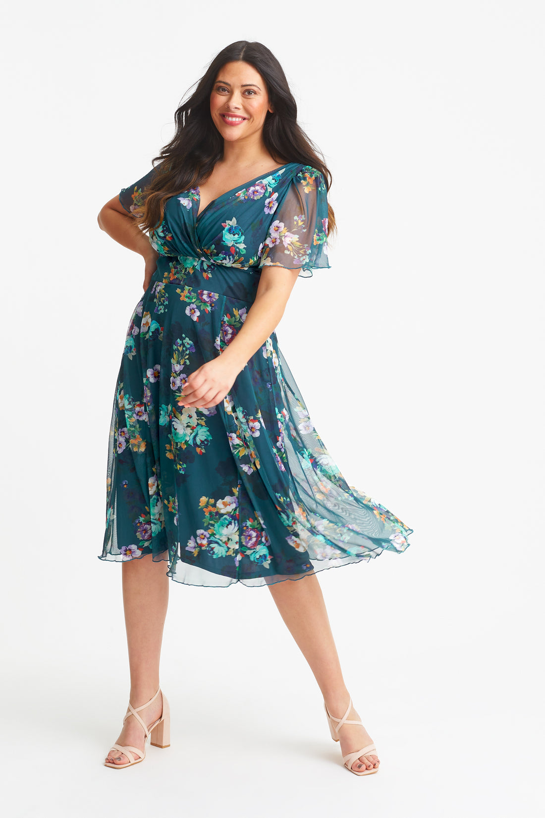 Vivo Jasiri Angel Flounce Sleeve Dress - Dark Brown / Teal Print main image 0
