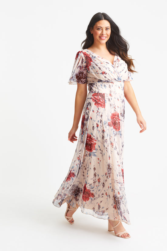 Isabelle Cream Grey Red Rose Float Sleeve Maxi Dress