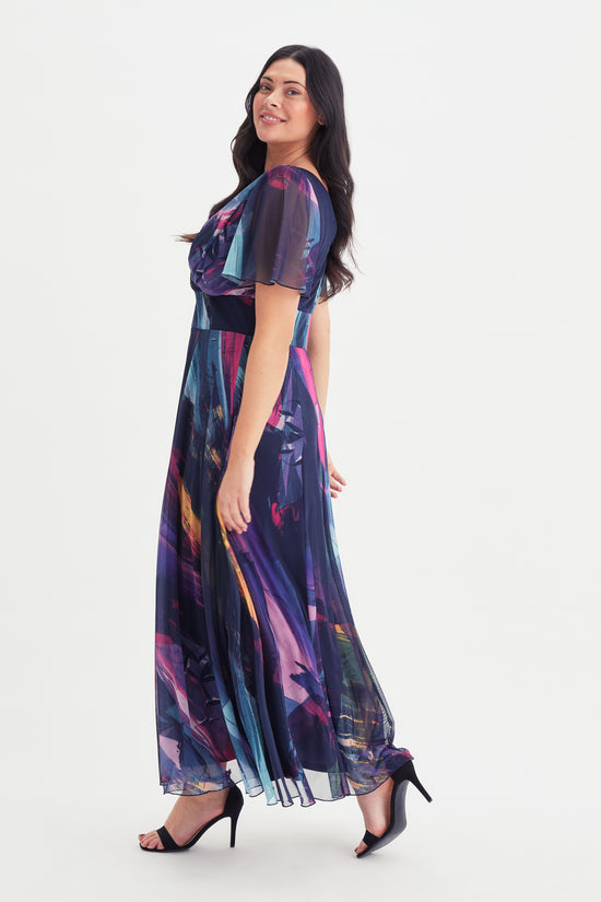 Isabelle Navy Abstract Float Sleeve Maxi Dress