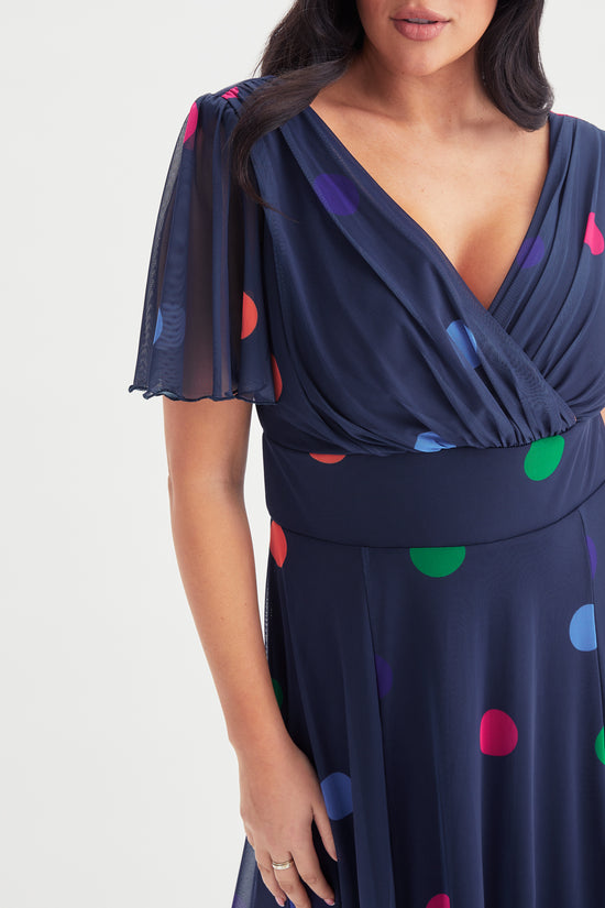 Isabelle Navy Polka Float Sleeve Maxi Dress