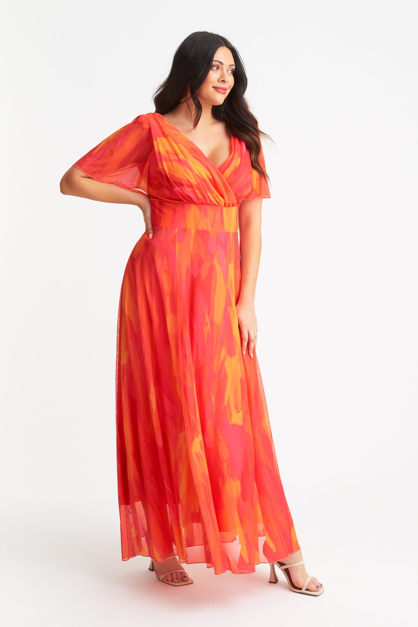 Load image into Gallery viewer, Isabelle Orange Pink Yellow Print Float Sleeve Maxi Dress
