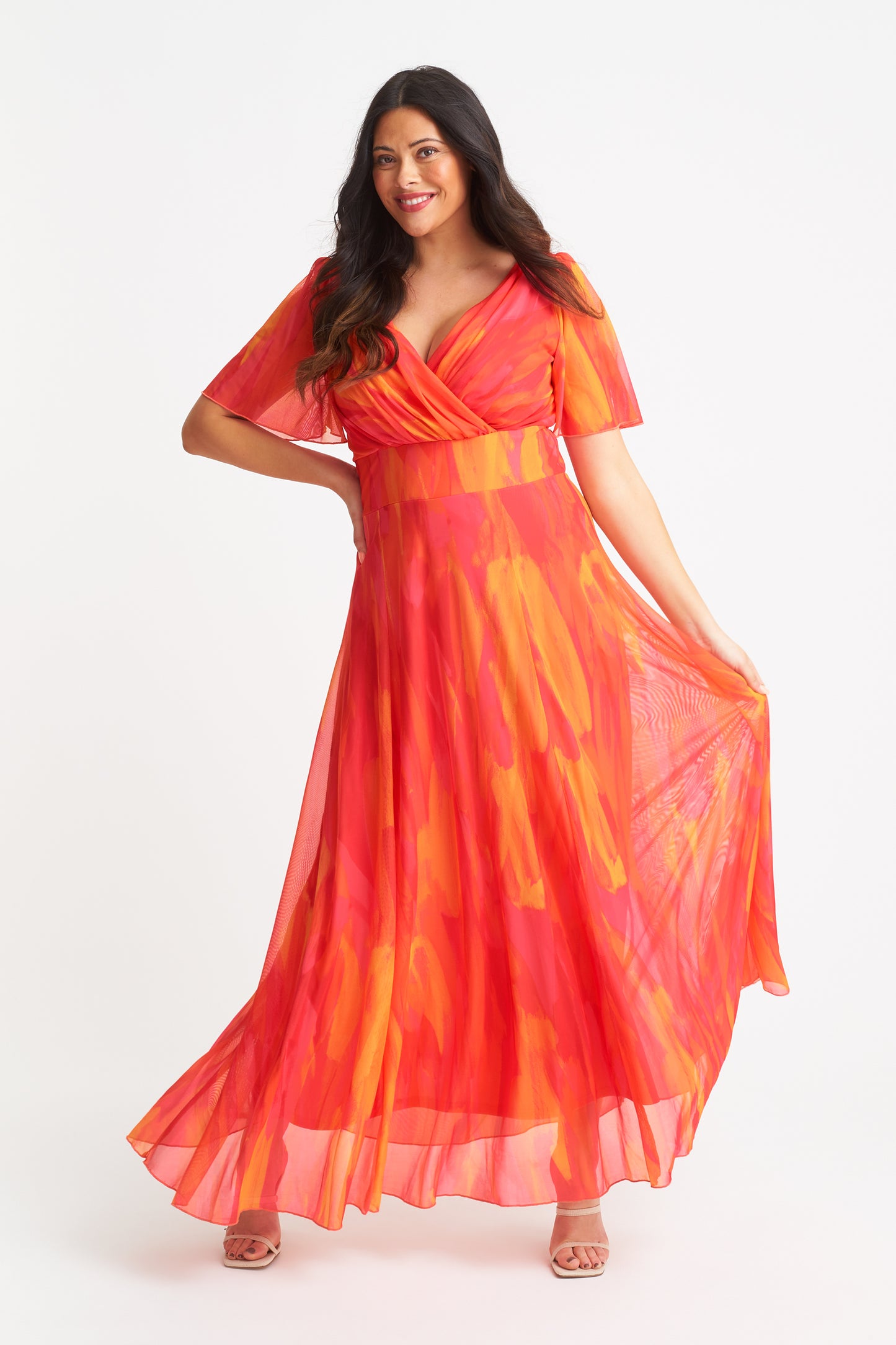 Isabelle Orange Pink Yellow Print Float Sleeve Maxi Dress Scarlett & Jo Isabelle Orange Pink Yellow Print Float Sleeve Maxi Dress Scarlett & Jo