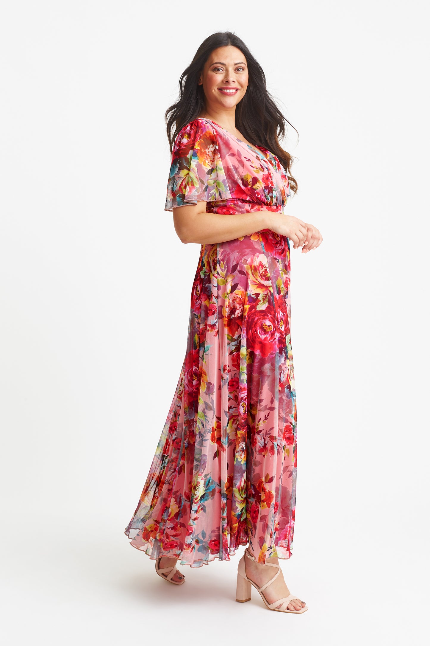 Isabelle Pink Cerise Print Float Sleeve Maxi Dress
