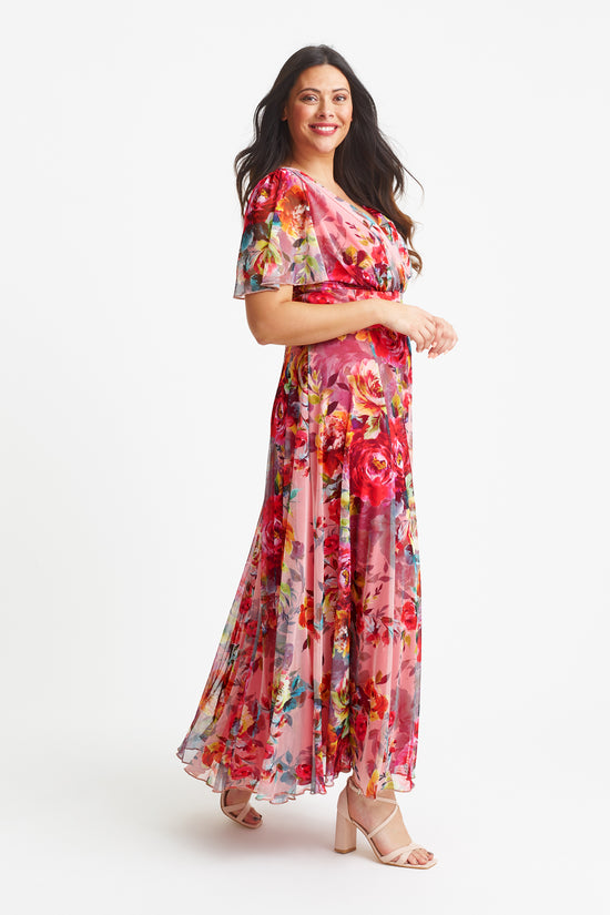 Isabelle Pink Cerise Print Float Sleeve Maxi Dress