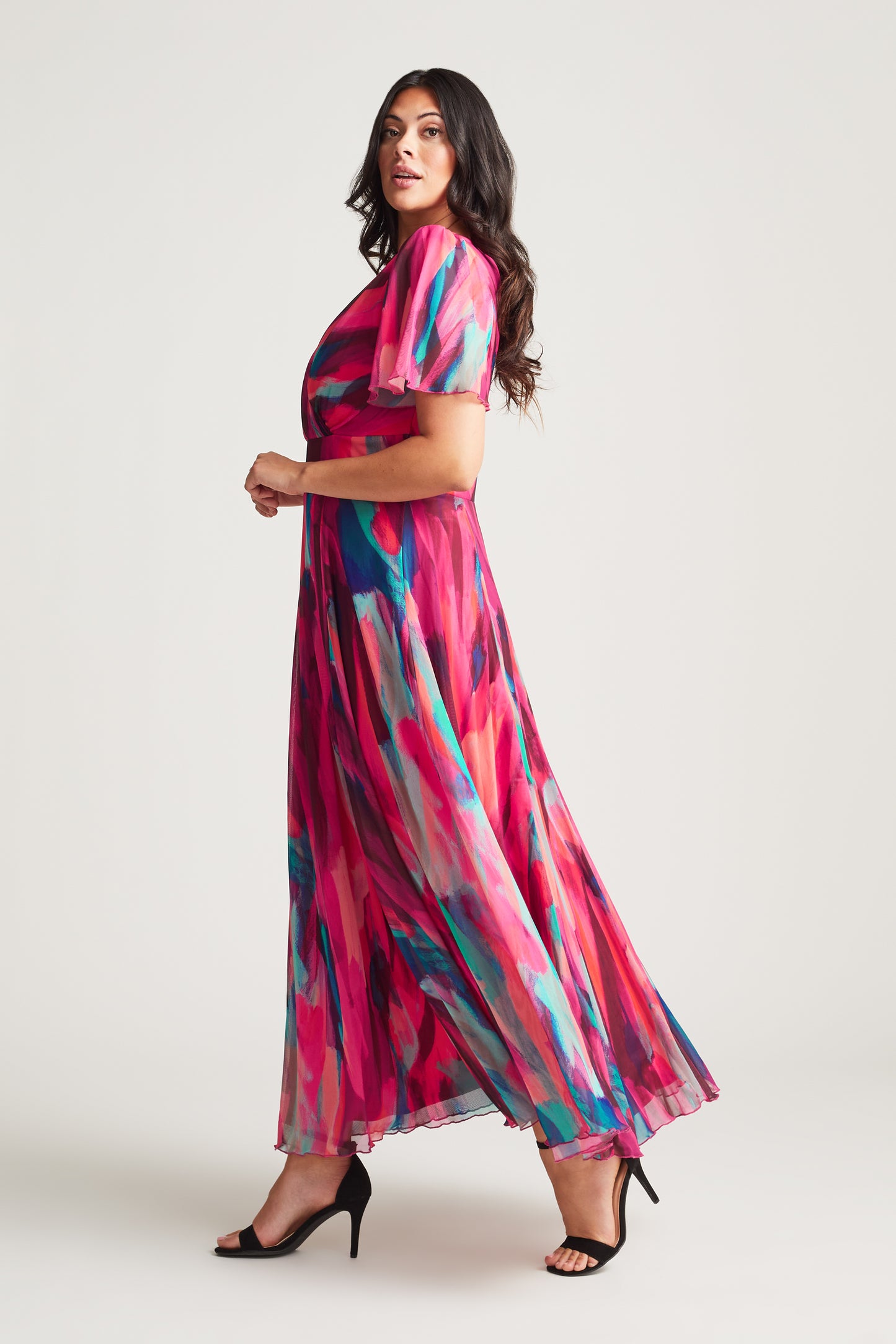 Isabelle Winter Pink Print Float Sleeve Maxi Dress