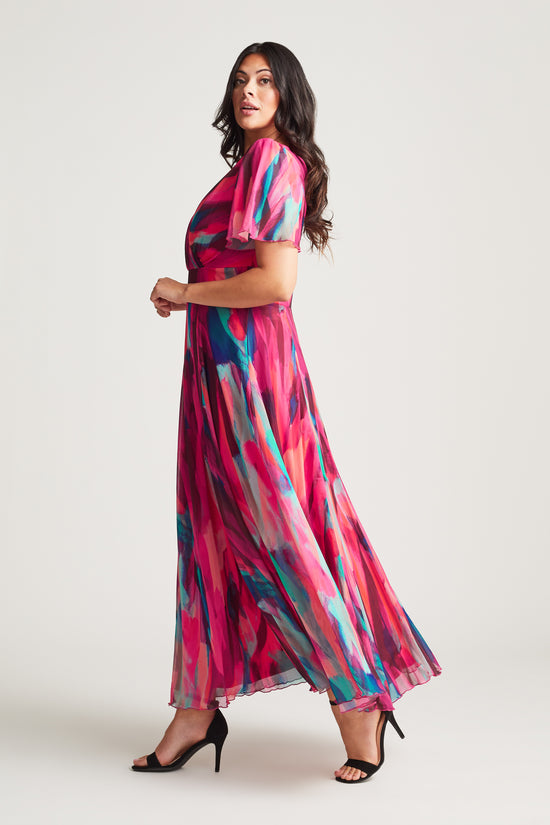 Isabelle Winter Pink Print Float Sleeve Maxi Dress