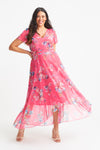 Tilly Coral Multi Print Angel Sleeve Sweetheart Dress
