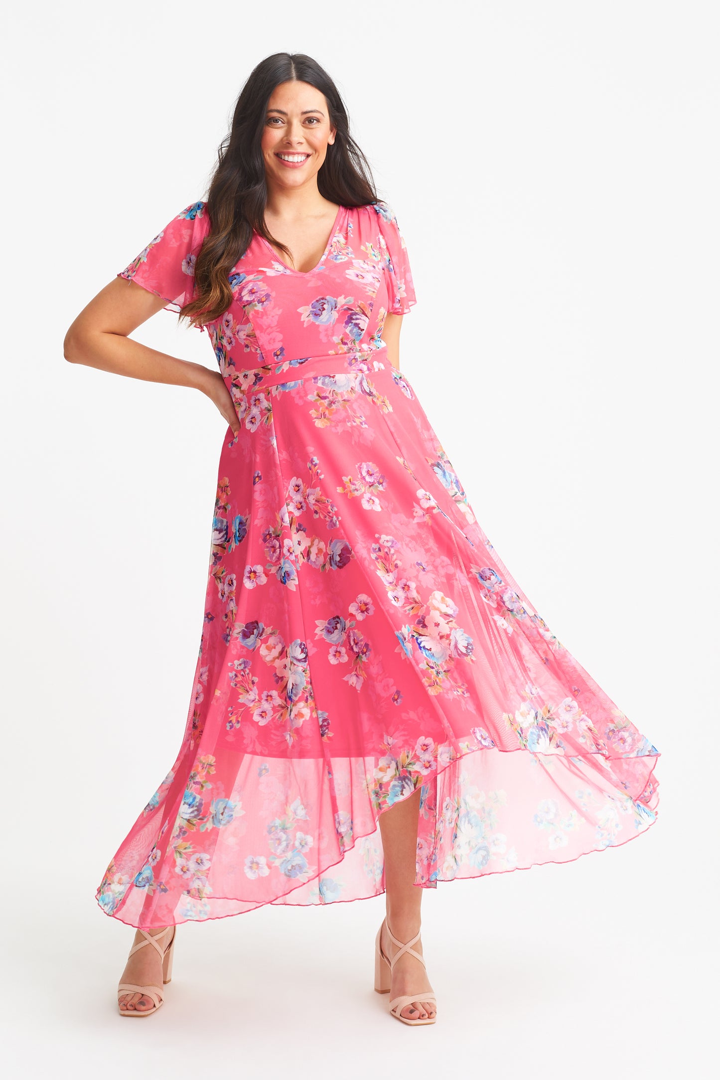 Tilly Coral Multi Print Angel Sleeve Sweetheart Dress 
