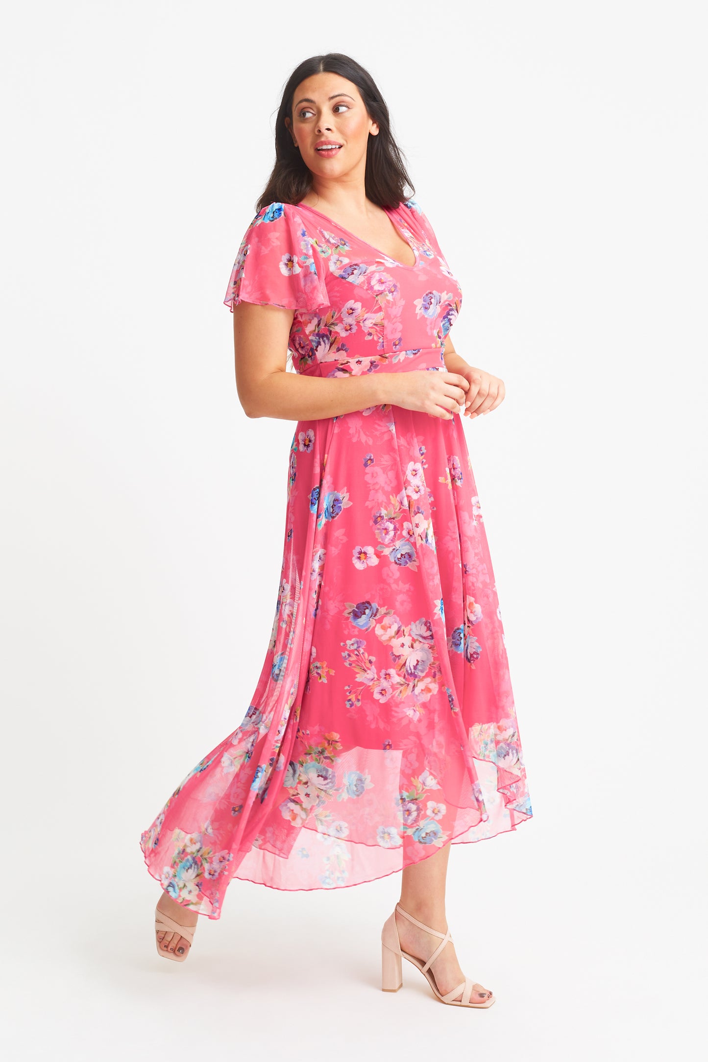 Tilly Coral Multi Print Angel Sleeve Sweetheart Dress 