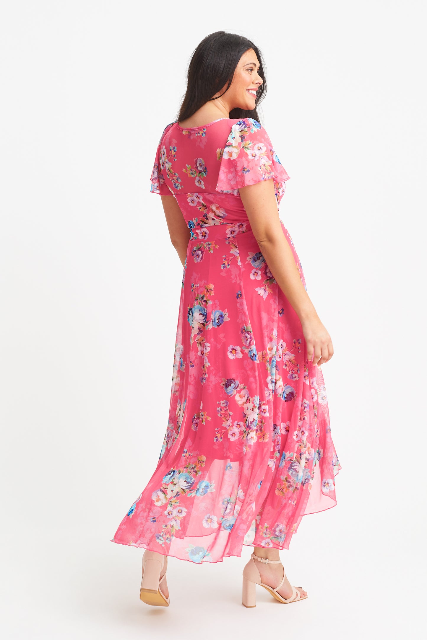 Tilly Coral Multi Print Angel Sleeve Sweetheart Dress 