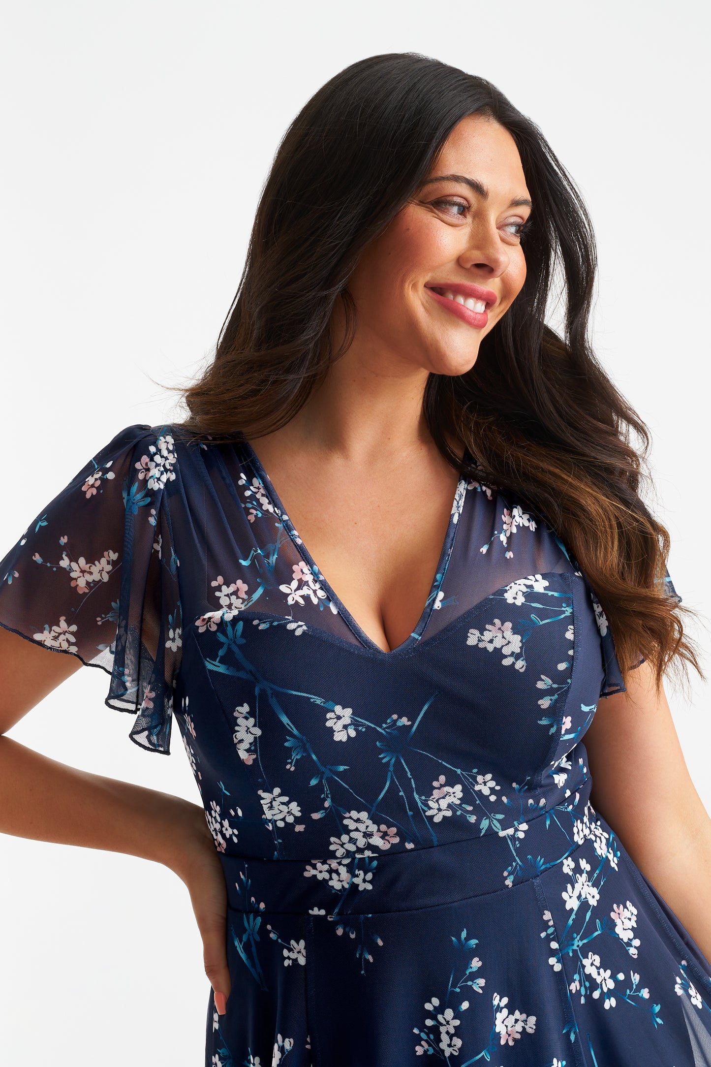 Load image into Gallery viewer, Tilly Navy Blush Print Angel Sleeve Sweetheart Dress
