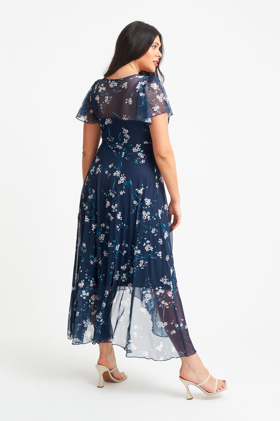 Load image into Gallery viewer, Tilly Navy Blush Print Angel Sleeve Sweetheart Dress

