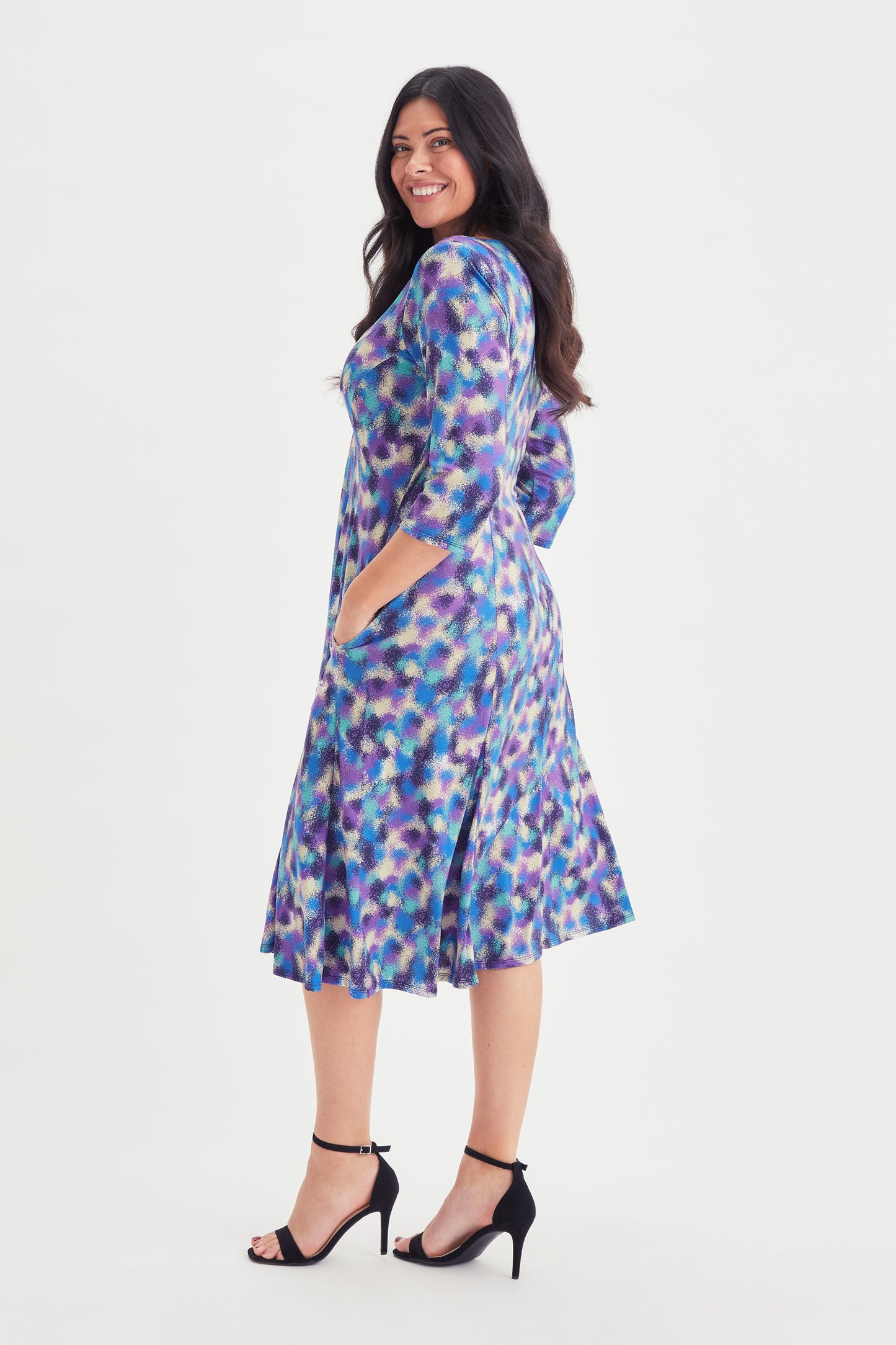 Load image into Gallery viewer, Claudia Blue Blur Peach Touch Jersey Knot Front Dress
