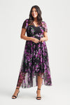 Tilly Black Purple Print Angel Sleeve Sweetheart Dress