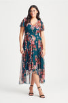 Tilly Teal Pink Print Angel Sleeve Sweetheart Dress