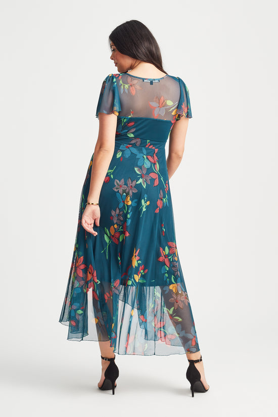 Load image into Gallery viewer, Tilly Teal Red Print Angel Sleeve Sweetheart Dress

