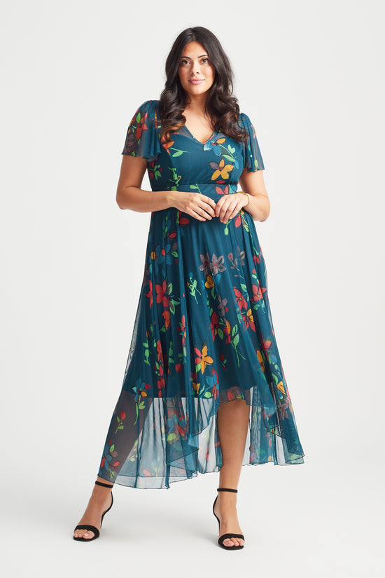 Tilly Teal Red Print Angel Sleeve Sweetheart Dress