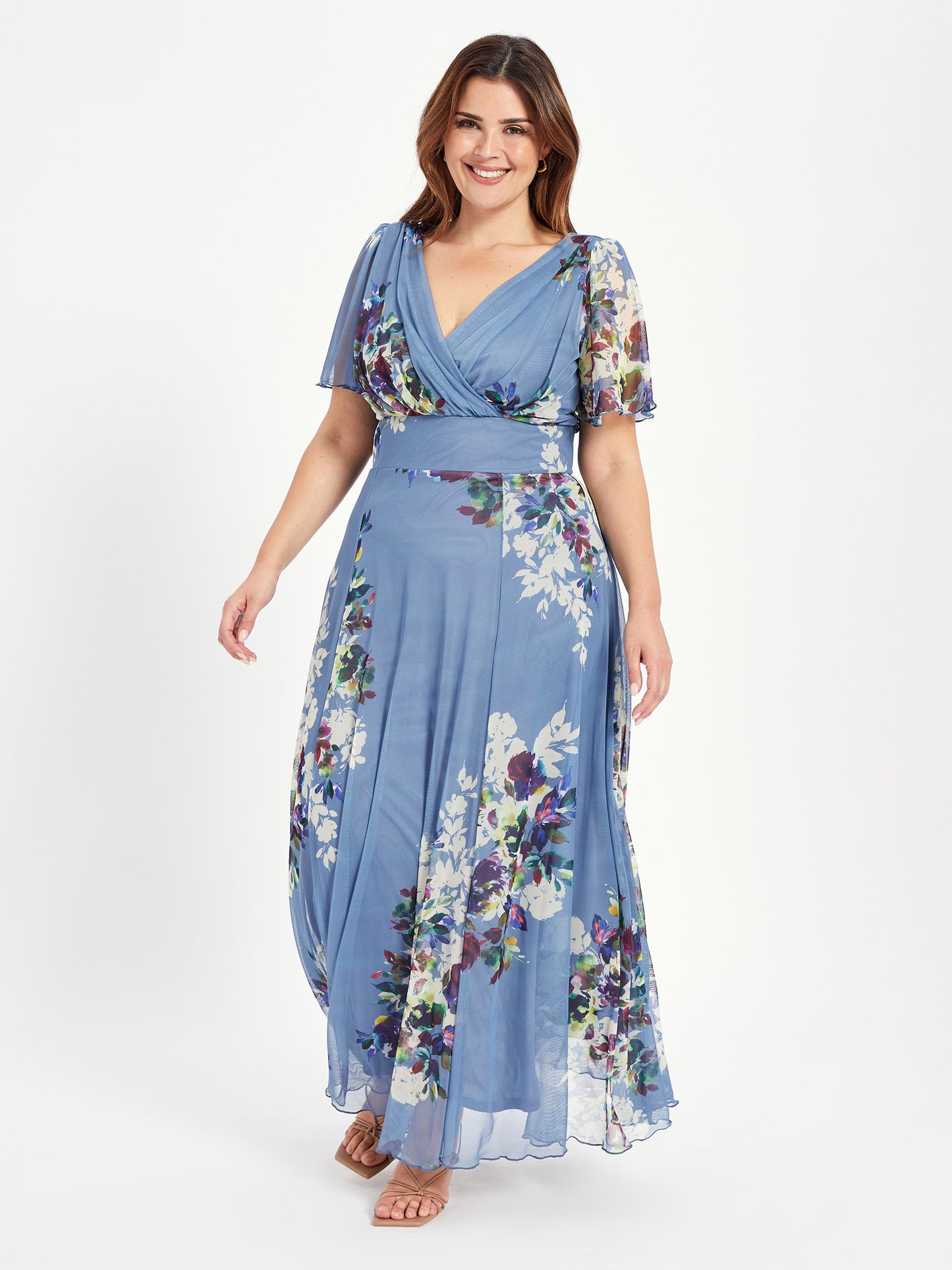 Isabelle Smoke Blue Print Float Sleeve Maxi Dress