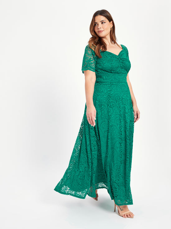 Load image into Gallery viewer, Samantha Green Lace On or Off The Shoulder Sweetheart Maxi Dress
