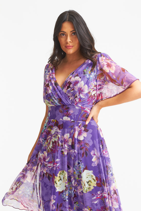 Victoria Purple Multi Angel Sleeve Mesh Midi Dress