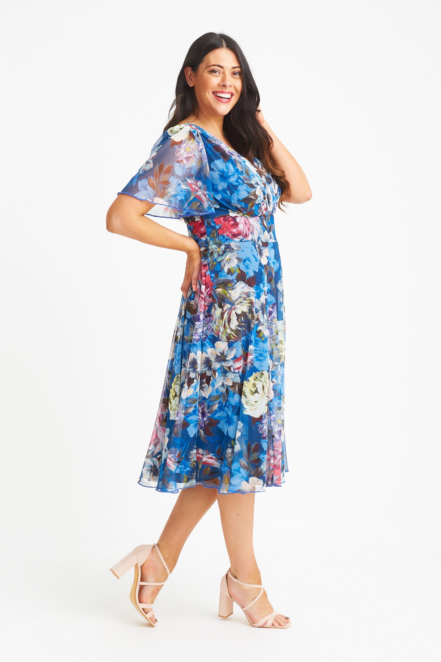 Load image into Gallery viewer, Victoria Teal Blue Multi Angel Sleeve Mesh Midi Dress
