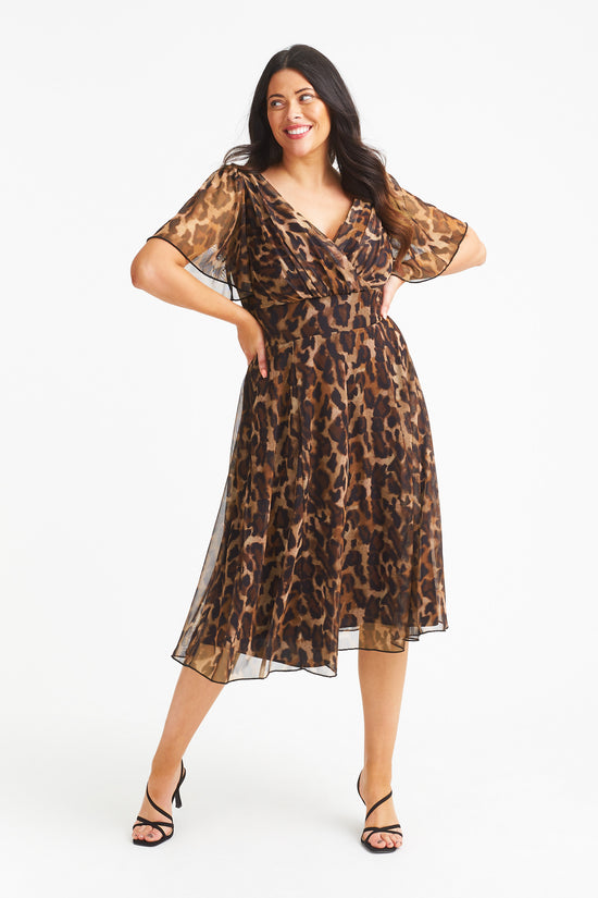 Victoria Leopard Print Angel Sleeve Mesh Midi Dress