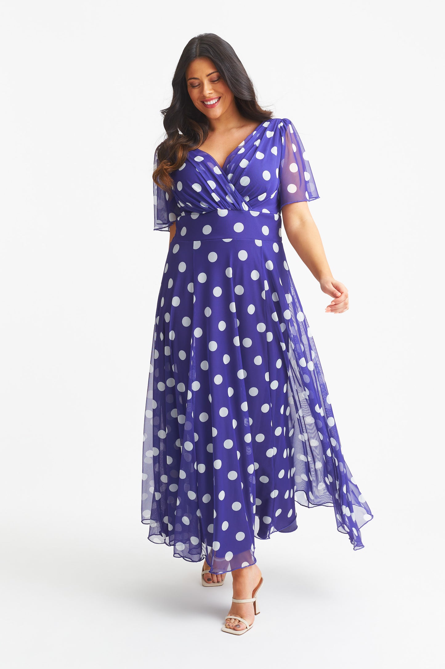plus size purple polka dot dress AOMEI Plus Size Dark Purple Polka Dot Pleated Midi Dress Cocktail Evening Formal Party Wedding Guest Sheer Bishop Sleeve Lapel Collar High W,1XL