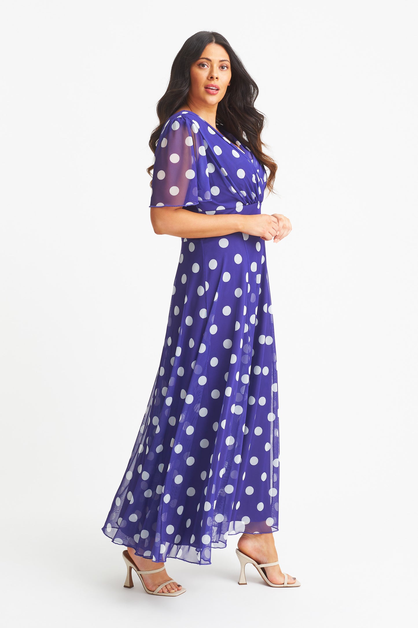 Load image into Gallery viewer, Isabelle Purple Lollidot Print Float Sleeve Maxi Dress
