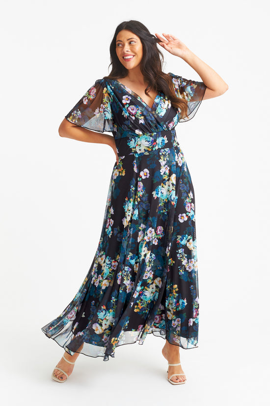 Isabelle Black Teal Multi Float Sleeve Maxi Dress