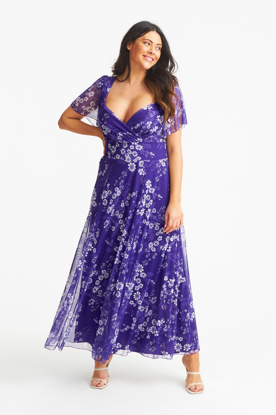 Kemi Violet Cream Print Bolero Wrap Bodice Maxi Gown